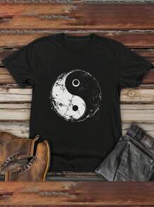 Front Tai Chi Yin Yang Pattern Print Round Collar Short Sleeve T-Shirt Top Comfort Breathable Fabric Leisure Sports Style Men's 100% Cotton Street Wear T-Shirt (Choose A Larger Size To Get A Looser Effect) - 黑色 - 查看 1