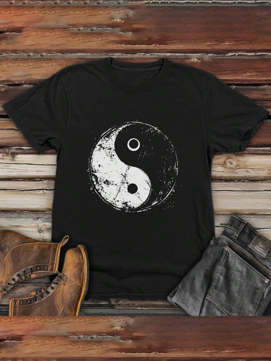Front Tai Chi Yin Yang Pattern Print Round Collar Short Sleeve T-Shirt Top Comfort Breathable Fabric Leisure Sports Style Men's 100% Cotton Street Wear T-Shirt (Choose A Larger Size To Get A Looser Effect) - 黑色 - 查看 1