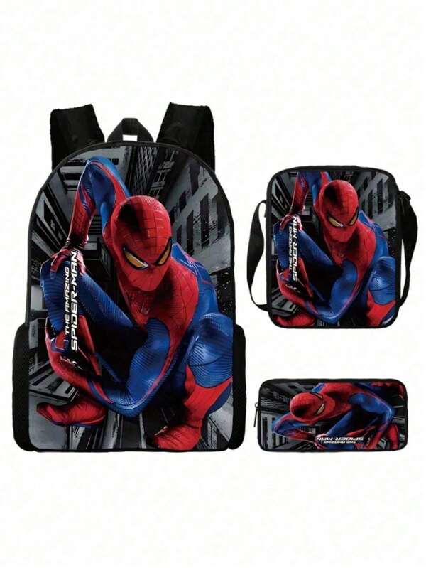 Marvel Mochila con estampado de dibujos animados de Spider-Man, conjunto de 3 piezas que incluye mochila escolar, cartera y estuche de lápices, conjunto de mochila escolar de gran capacidad para estudiantes