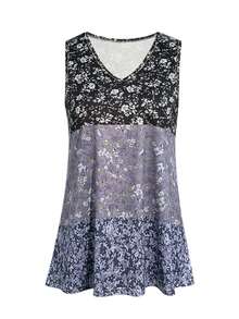 Summer New Color Block Splicing Small Floral Print Fashionable Casual Vacation Style Women's Vest - 藏蓝色 - 查看 5