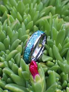 8mm Elegant Titanium Steel Couple Rings, Suitable For Women, Blue-Green Floral Inlay, Minimalist Design - Perfect For Proposal, Casual Wear And Gifts - Multicolor - View 3