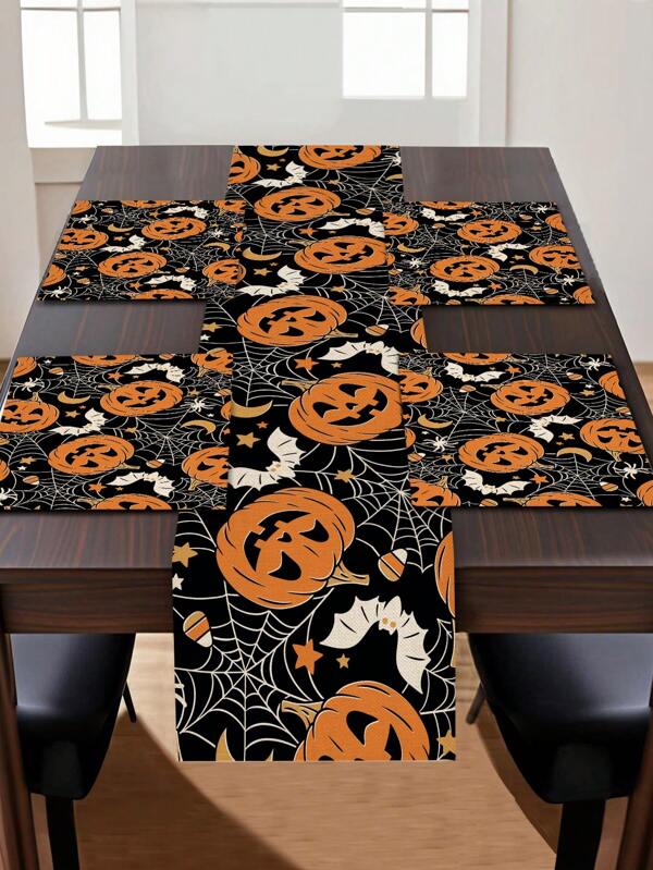1 szt. bieżnik na stół w stylu Halloween, 4 szt. podkładek z nadrukiem dyni, odpowiednie na święta, imprezy, urodziny, kolacje, wystrój stołu w kuchni i jadalni, całoroczny wystrój domu i salonu