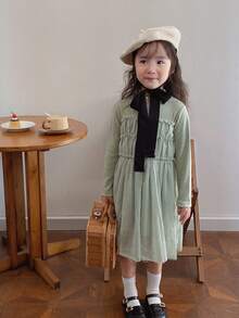 Girls' Autumn Shiny Mesh Flowy Long Sleeve Casual A-Line Dress - Green - View 7