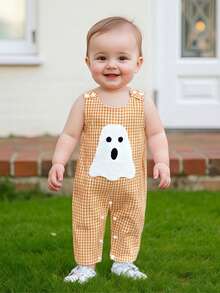 Baby Boy Halloween Clothes, Baby Pumpkin Outfits, Ghost Baby Clothes Boy, Newborn Boy Summer Overalls, Ghost/Pumpkin Embroidered Plaid Crew Neck Sleeveless Jumpsuit For Fall