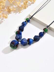 1 件波西米亚复古木质八角形串珠手工吊坠项链，夸张短款颈链，适合女士 - 藍色 - 查看 3