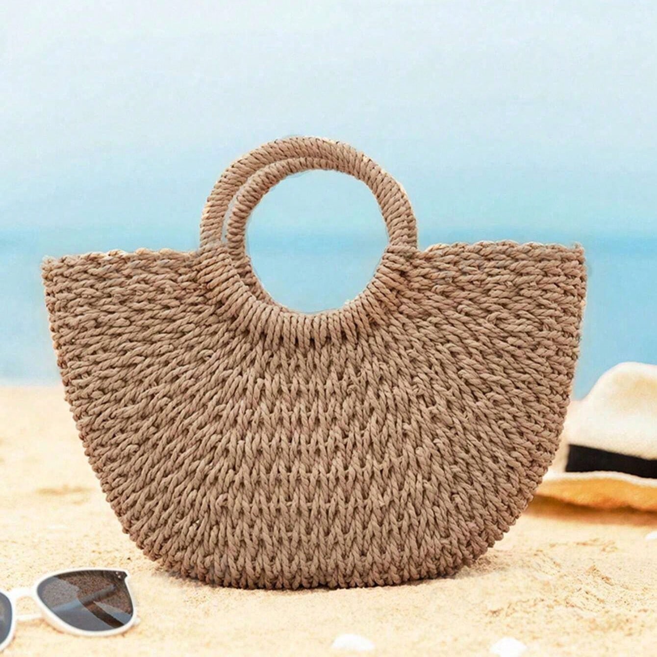 Bolso de playa de paja en forma de media luna tejido a mano, bolso de hombro cruzado de gran capacidad con diseño calado para mujer, bolso de paja te