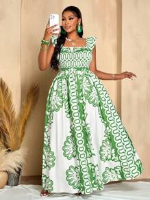 夏季大码女装日常休闲度假出游优雅性感约会无袖黑木耳边荷叶袖裹身热带印花长裙