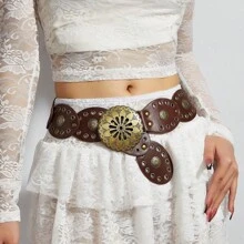 Music Festival, Party, Y2K, BOHO Rivet Decor Hollow Buckle Belt, Vintage Western Style Belt Accessory To Match Skirts Fall, Autumn, Halloween - Brown (hollow) - View 2
