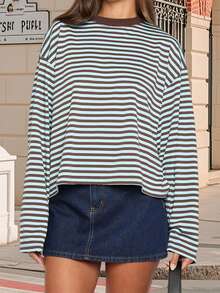 Women T-Shirt, Long Sleeve Crew Neck Loose Ladies Fall Casual Striped Top Streetwear - 棕色 - 查看 3