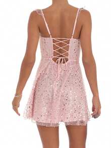 Women Slip Dress, Sleeveless Backless Tie-Up Shiny Sequins A-Line Dress Summer Mini Dress - 粉色 - 查看 6