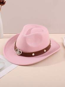 1顶儿童毛毡牛仔帽，心形图案，饰有水钻和珍珠，西部风格，时尚独特，适合返校、假期和休闲场合。 - Heart - Rhinestone & Pearl Bands - 查看 3