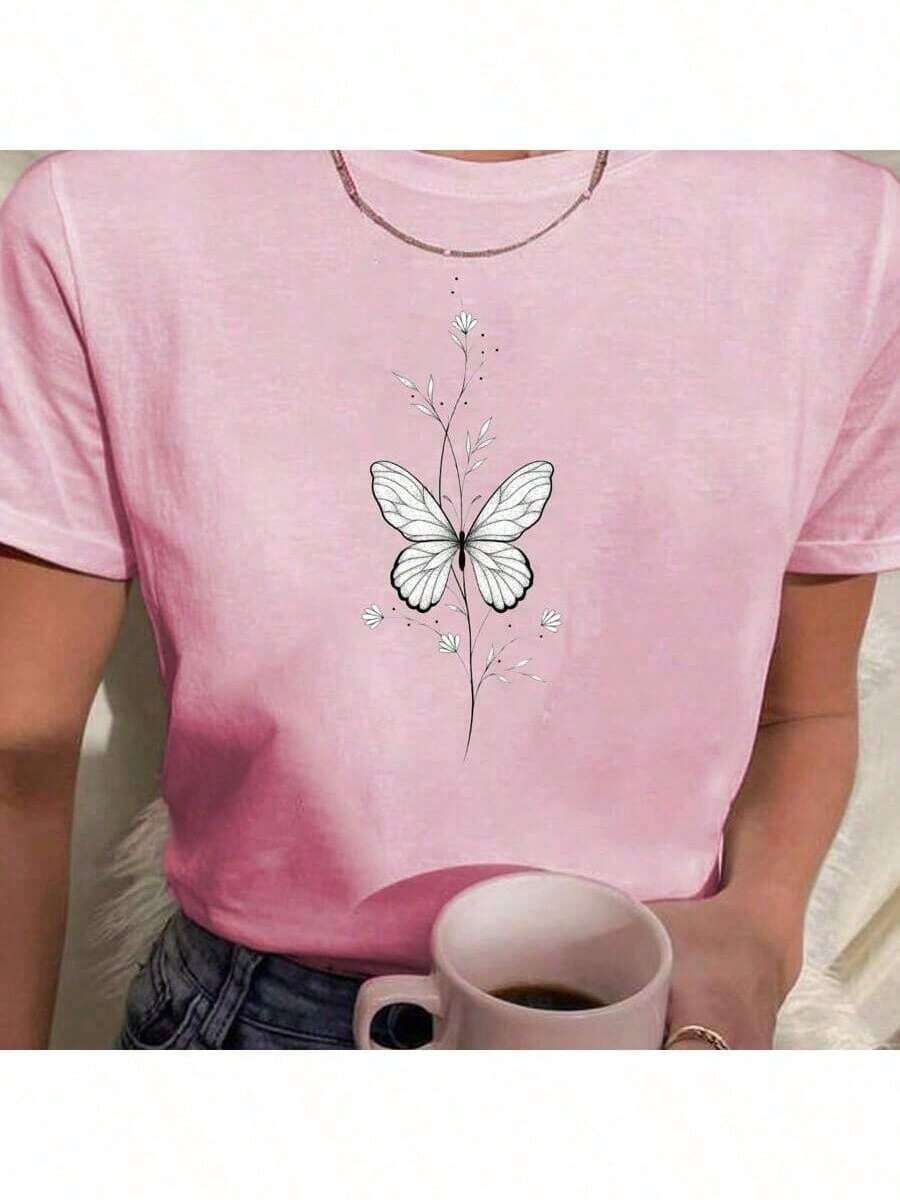 Women's Babylook T-Shirt 100% Cotton Butterflies White Branches Leaves Minimalist Cute