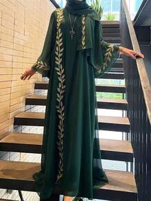 2-Piece Set Loose Fashion Street Chiffon Round Neck Heavy Embroidery Long Robe + Headscarf - Green - View 3