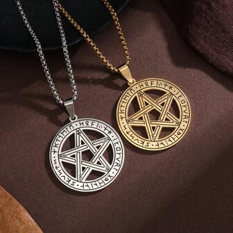 Collier en acier inoxydable avec découpe creuse de rune, pentagramme et soleil naturel. Convient pour un port quotidien ou lors d'occasions spéciales