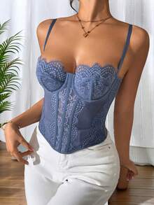 RAHQ 1 件女士时尚蕾丝边紧身胸衣短款上衣，性感紧身吊带内衣紧身胸衣上衣，适合派对、旅行、聚会、圣诞节、情人节、万圣节 - 藍色 - 查看 3