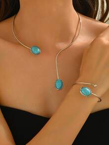 1 Set Of 2pcs Vintage Elegant Fashion Silver-Tone Turquoise Inlaid Open Collar Necklace And Bracelet Jewelry Set, Personalized Exaggerated Bohemian Turquoise Inlaid Necklace And Bracelet Set, Suitable For Women's Daily, Banquet, Party Wear - Silver - View 1