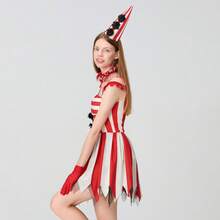 Women Creepy Clown Costume Set, Striped Cold Shoulder Mini Dress Hat Gloves Choker Cosplay Costume For Halloween Stage Party - 紅色 - 查看 8