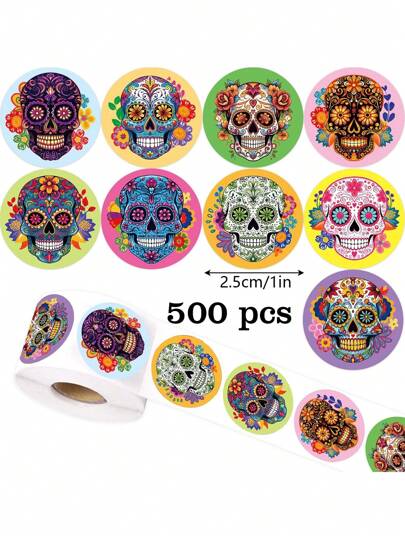 500pcs Cartoon Skull Graffiti Stickers, 8 Cartoon Patterns 1 Inch Round, Personalized Festival Party Envelope Card Party Supplies DIY Decorations, PVC Waterproof Stickers