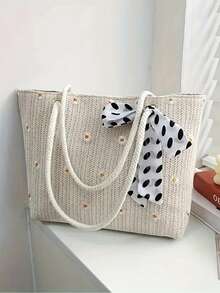 Túi cói mùa hè dành cho nữ, Túi đi biển dệt hoa tươi tắn và đơn giản, Túi tote đeo vai đơn thời trang. - Nhiều màu - Xem 1