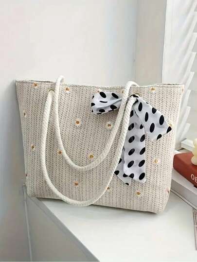 Bolso de paja para mujer para el verano, bolso de playa tejido con flores fresco y sencillo, bolso de hombro de moda.