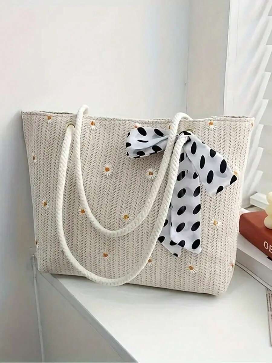Túi cói mùa hè dành cho nữ, Túi đi biển dệt hoa tươi tắn và đơn giản, Túi tote đeo vai đơn thời trang. - Nhiều màu - Xem 1