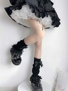 1 Pair Women's Lolita Style Bowknot Lace Trim Cable Knit Leg Warmers Christmas Gift - Black - View 4