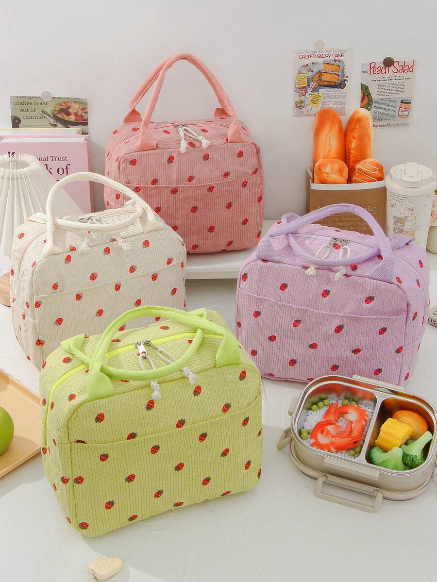 1 Piece Strawberry Corduroy Large Capacity Insulated Lunch Box Portable Lunch Tote Bag Lunch Bag Outdoor Picnic Essential Picnic Bag Food Storage Bag Portable Travel Picnic Bag Printed Pattern Insulated Lunch Bag Multi-Functional Lunch Bag Lunch Bag For Women Cooler Bag Lunch Box For School - Multicolor - View 1