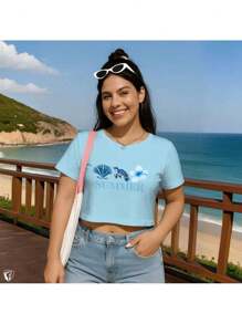 Tropical Summer Cropped Top | Comfort And Style With Exclusive Print - Baby Blue - View 1
