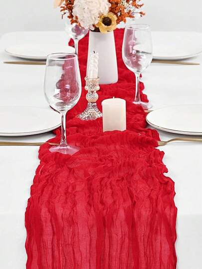 1pc Red Braided Table Runner, Cheese Cloth Boho Table Scarf, Romantic Sheer Fabric Table Cloth, Suitable For Wedding Party, Bridal Shower