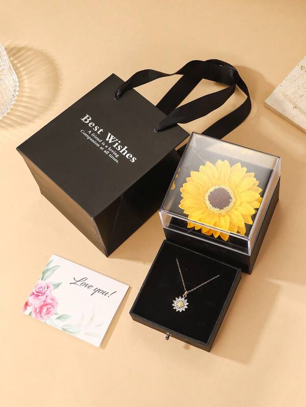 قلادة قلادة عصرية وأنيقة بتعليقة زهرة عباد الشمس للنساء، تأتي مع علبة هدية جميلة بشكل زهرة عباد الشمس، خيار هدية رائع