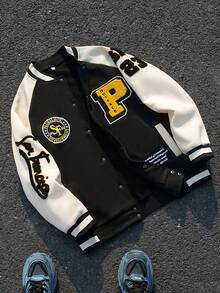 Men's American Street Style Colorblock Baseball Jacket, Letter Embroidery Patch Loose Fit Varsity Jacket, Grunge, Fall/Winter - Black - View 1