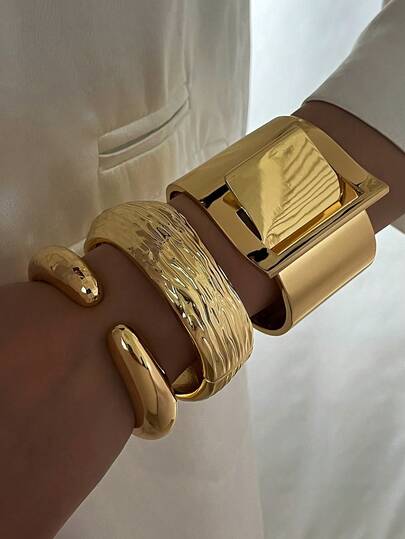 3 件几何简约超大粗金属袖口手镯套装，基本设计时尚女士珠宝，适合日常装扮、约会、派对。