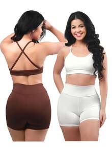 Work Fitness Kit 2 Set Bare Back Top With Cross Straps And Bermuda Shorts Basic Premium - White and Dark Brown - View 1