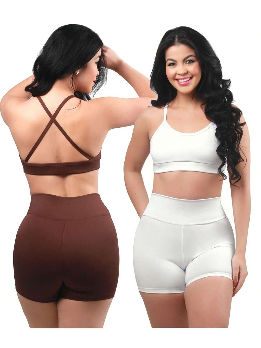 Work Fitness Kit 2 Set Bare Back Top With Cross Straps And Bermuda Shorts Basic Premium - White and Dark Brown - View 1