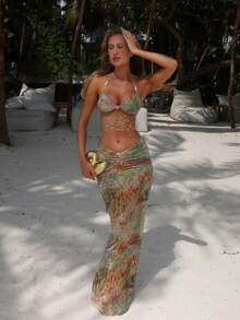 Women's Two Piece Maxi Skirt Sets Summer Beach Ruched Backless Pearls Chain Decor Crop Top And Cut Out Skirt - 綠色 - 查看 2