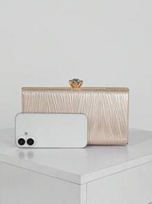 1 件闪亮褶皱迷你派对手拿包，奢华水钻装饰晚宴包，适合派对女孩、新娘、大学生、年轻专业人士，非常适合派对、舞会、婚礼，配有金属链，优雅的香槟色手提包