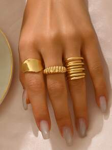 3pcs Asymmetrical Line Smooth Rings, Fashion Accessories Suitable For Women's Daily, Party, And Matching Wear - Multi-layer Ring Set - View 2