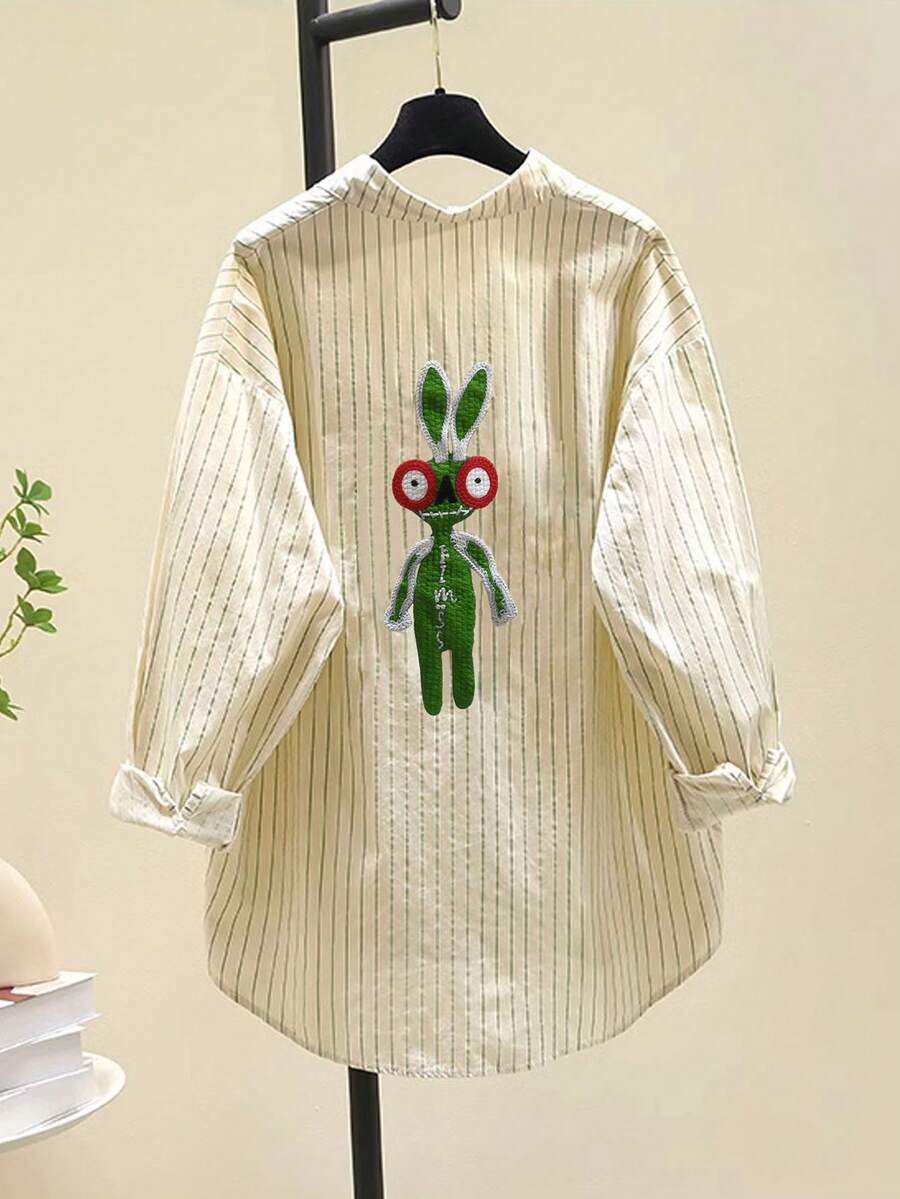 Stylish Blue Striped Blouse For Women, Artistic Loose Casual Shirt, Spring New Arrival - Green - View 1