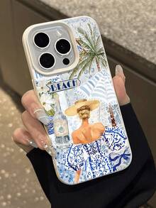 1 pièce Nouvelle étui de téléphone portable antichute, antidérapant, doux, avec motif floral bleu vue arrière et texture de litchi, compatible avec Apple et autres téléphones, version internationale, résistant à l'eau, aux chocs et aux rayures - Multicolore - Voir 5