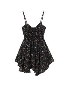 不对称碎花束腰黑色连衣裙，面料随机 - 藕粉色 - 查看 7