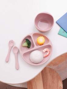 PopLittleOne 4PCS Baby Silicone Dinner Sets Color Contrast Plate Suction Bowl Eating Training Spoon Fork Colorful Baby Tableware Sets - Multicolor 1 - View 8