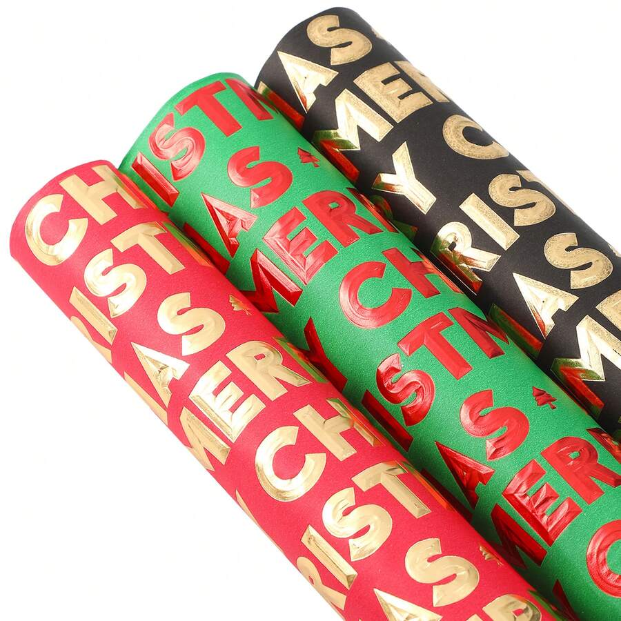 3 Rolls Christmas Wrapping Paper, /Black Foil Snowflake & Tree Design, Merry Christmas, 17 Inches X 120 Inches Per Roll Christmas Pajamas Christmas Decor - Multicolor - View 1