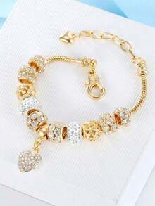 1pc Shimmering Round Shaped Metallic Bead & Rhinestone Detailing, Hollow Out Heart Shaped Metallic Bead & Rhinestone Detailing Detachable Copper Chain Bracelet For Women, Ideal For Dating And As A Fashionable Gift Valentines,Mom,Mother,Mother's Day,Gift - 金子 - 查看 4