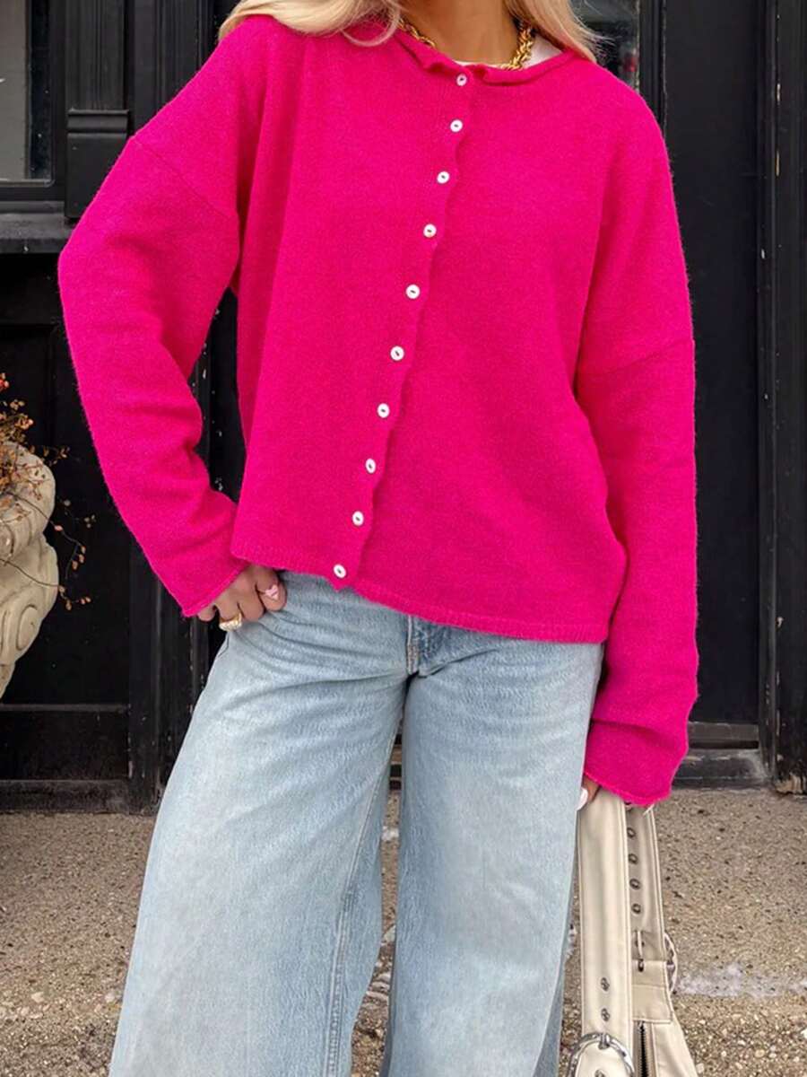 Women Y2k Crew Neck Cardigan Sweater Long Sleeve Button Down Solid Color Top Fall Casual Vintage Lightweight Knitwear - 玫紅色 - 查看 1