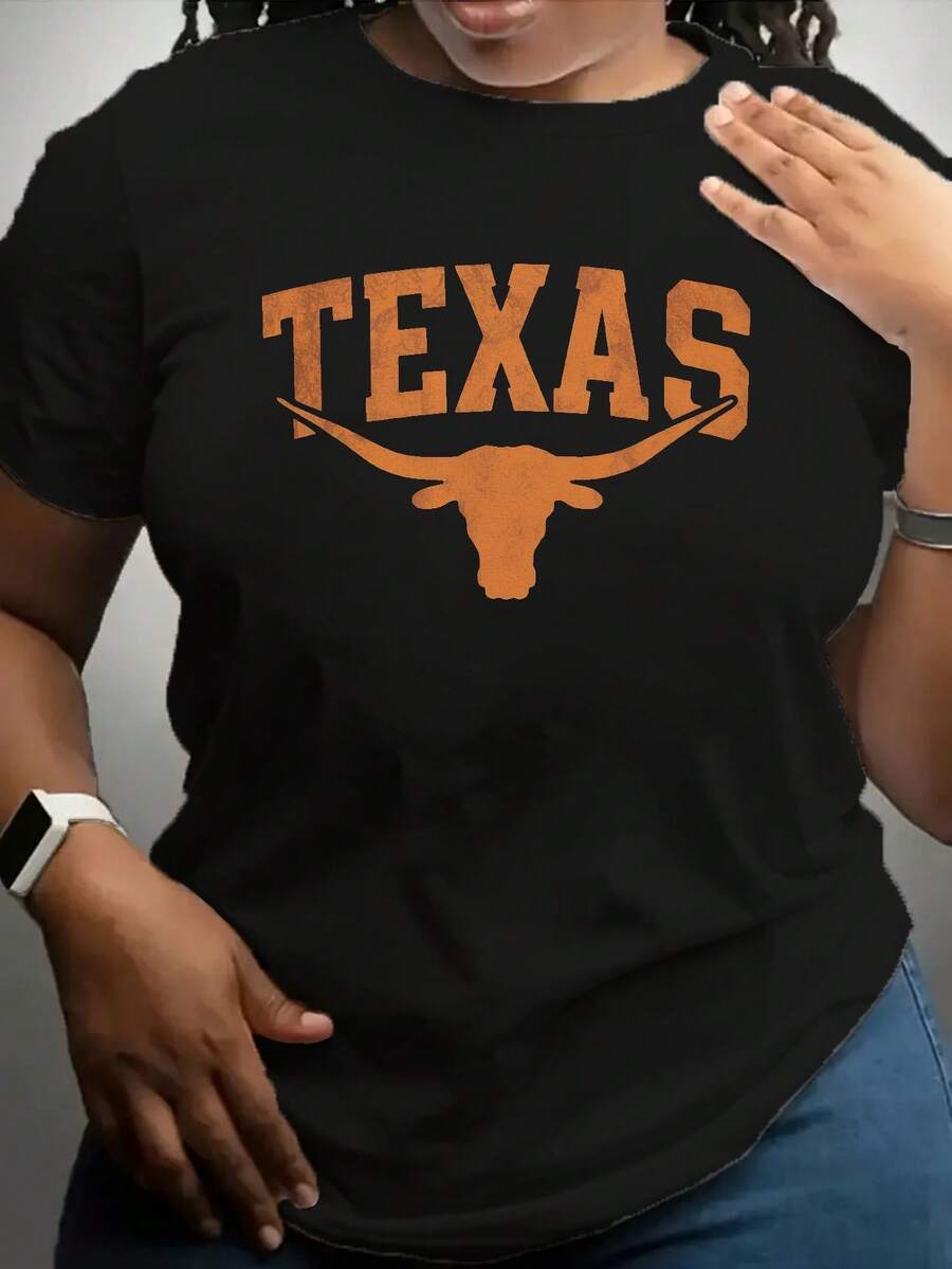 TEXAS With Longhorn Logo Women's Pure Cotton Comfortable T-Shirt - màu đen - Xem 1