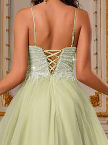VIPGIRL 浅绿色亮片吊带薄纱礼服，开衩设计，优雅A字型及地公主风舞会礼服，适合选美比赛、伴娘、晚宴、婚礼和其他正式场合。 - 青檸色 - 查看 7