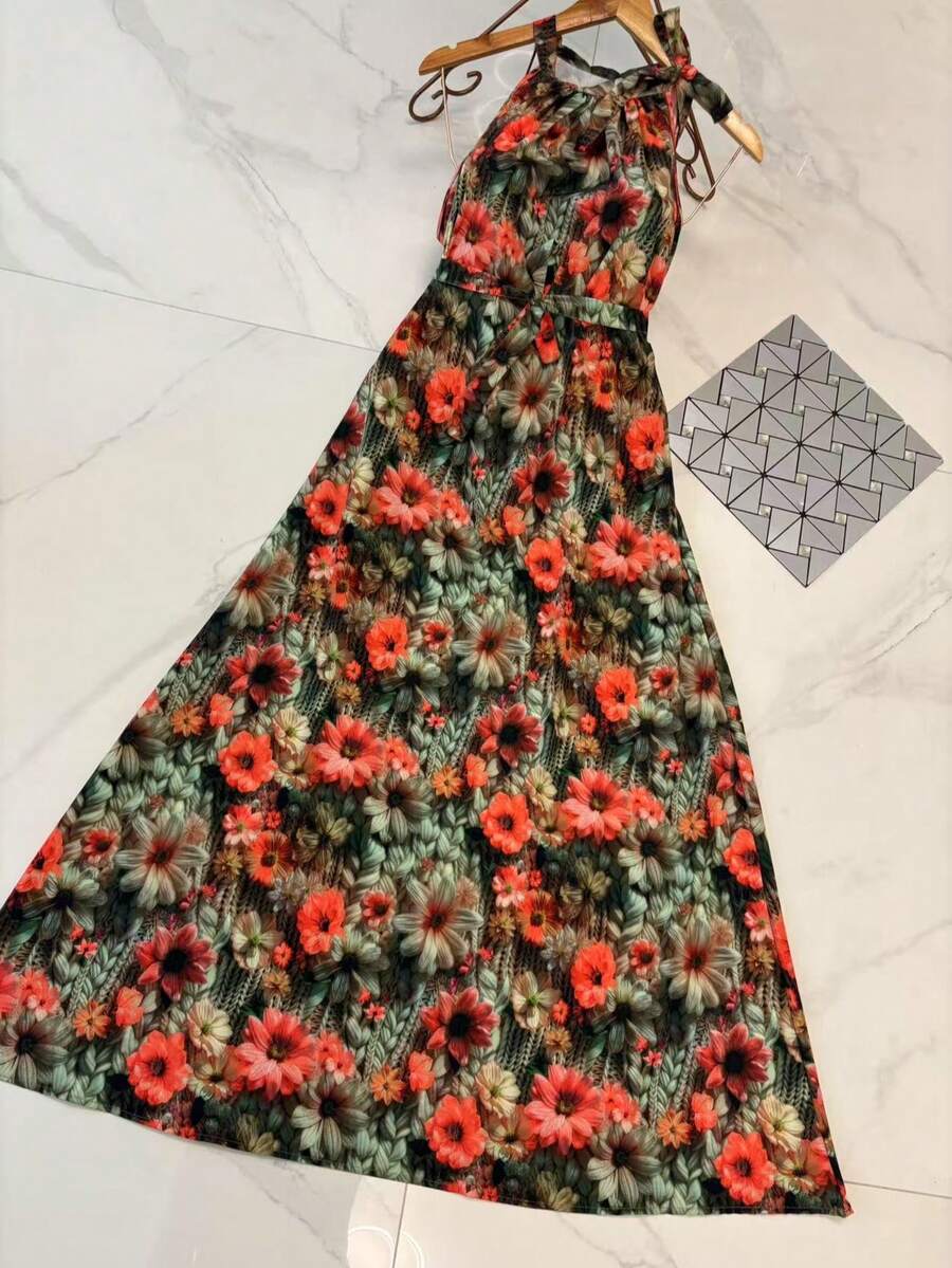 Long Dresses With Multicolored 3D Print, New Model - 墨綠色 - 查看 1