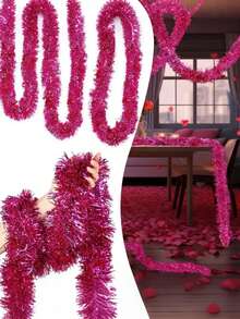 2pcs-Christmas Tinsel Garland Christmas Tree Decorations, Shiny Metallic Tinsel Twist Garland, Christmas Garland Ornament Glitter Tinsel Twist Garland,Holiday Decorative Strips,Party Decor Supplies, For Party Christmas Holiday Wedding Birthday Tree Wall Rail(Rose Red) - Hot Pink - View 1
