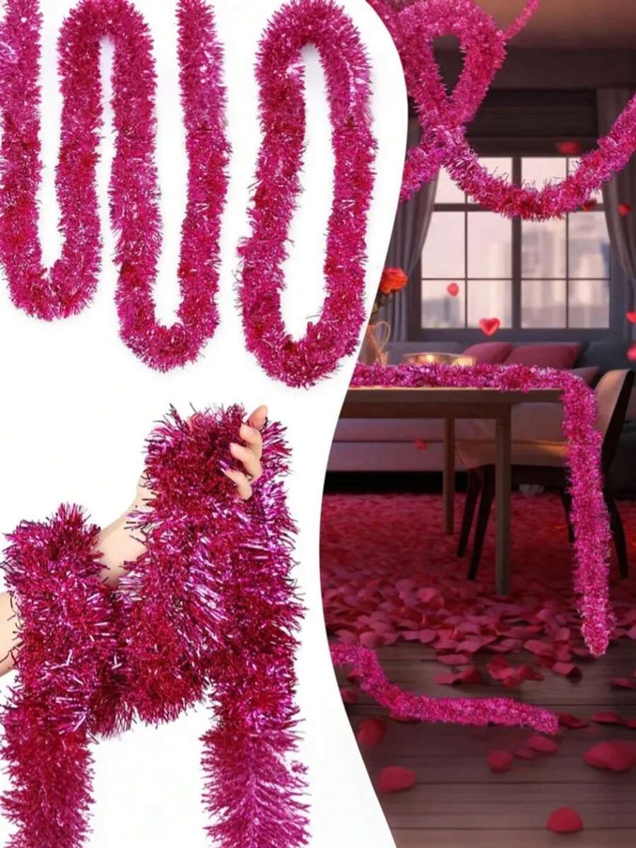 2pcs-Christmas Tinsel Garland Christmas Tree Decorations, Shiny Metallic Tinsel Twist Garland, Christmas Garland Ornament Glitter Tinsel Twist Garland,Holiday Decorative Strips,Party Decor Supplies, For Party Christmas Holiday Wedding Birthday Tree Wall Rail(Rose Red) - Hot Pink - View 1