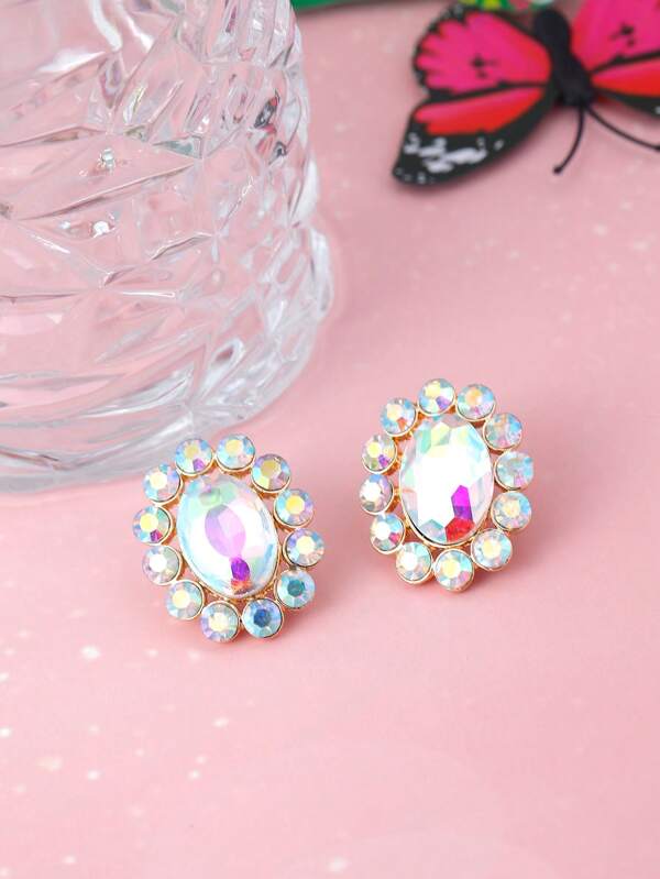1 Pair Colorful Rhinestone Earrings, Exaggerated European & American Style Elegant Floral Oval Stud Earrings For Women